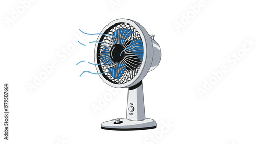 Classic electric desk fan with blue blades blowing a cool breeze represented by artistic wind lines isolated on a clean white background.