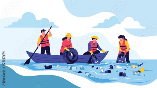 Dedicated team of environmental volunteers in a small boat working together to collect plastic bottles and waste from the polluted ocean.