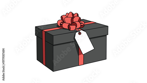 Sophisticated black rectangular gift box elegantly wrapped with a vibrant red ribbon and featuring a blank white hanging tag for a message.