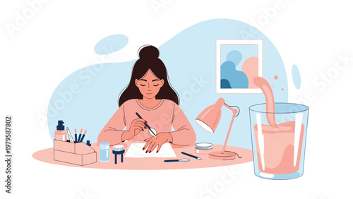 Focused young woman sitting at a well-lit table and carefully applying pink polish to her fingernails during a relaxing home beauty session.