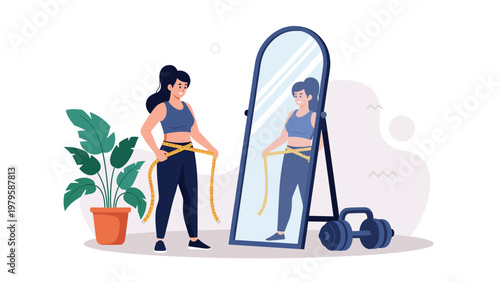 Healthy young woman measuring her waist with a yellow tape measure in front of a large mirror while wearing blue sports clothing at home.