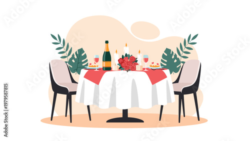 Beautifully arranged romantic dinner table set for two people featuring a bottle of champagne candles and a central bouquet of red roses.