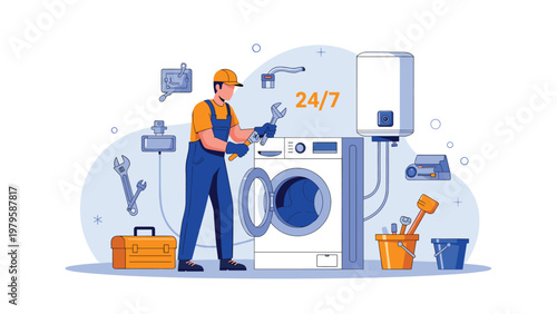 Skilled professional plumber using a wrench to repair a broken washing machine in a laundry room with various tools and a boiler in view.