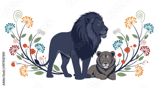 Powerful black lion and graceful lioness standing together in a symbolic pose surrounded by intricate and colorful decorative floral elements.