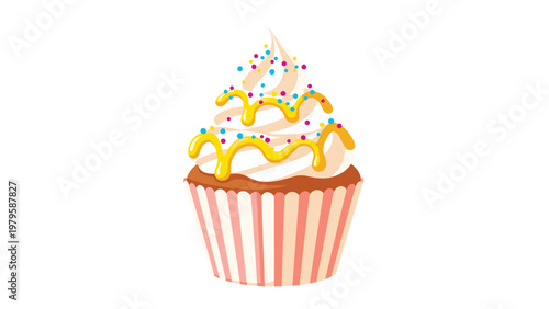 Tempting chocolate cupcake topped with a tall swirl of white frosting yellow syrup drizzle and many tiny colorful sprinkles on top.