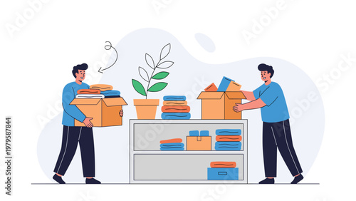 Two men are busy packing and organizing clothes into cardboard boxes in a bright room with a potted green plant sitting on a shelf.