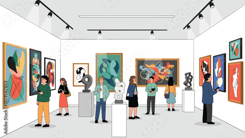 Interested group of visitors exploring a modern art gallery filled with diverse colorful abstract paintings and unique white sculptures.