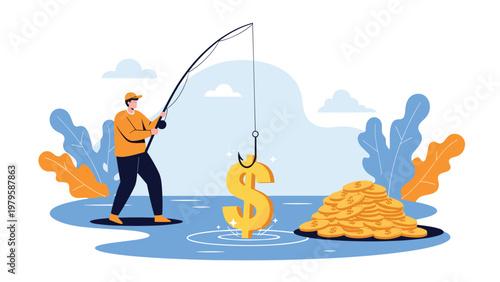 Successful fisherman uses a fishing rod to catch a large golden dollar sign from the sea next to a huge pile of gold coins and treasure.