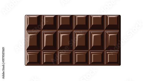 Rich dark chocolate bar is perfectly divided into a grid of small squares with highlights reflecting on its smooth and tasty surface.