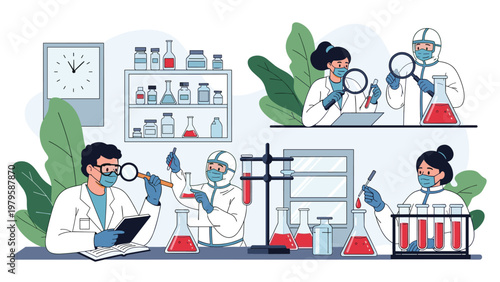 Diverse team of professional scientists works in a high-tech laboratory using microscopes and glassware to conduct medical research.