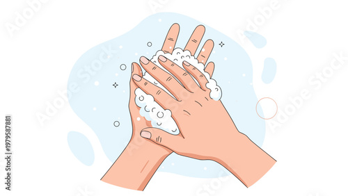 Pair of hands is being washed thoroughly with white soap to create a thick foam for proper health, hygiene, and cleanliness.