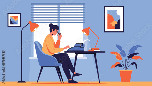 Creative person is focused on typing a document on an old-fashioned blue typewriter in a cozy room with lamps and green plants.