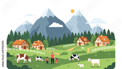 Peaceful rural landscape features high mountains, small houses, farm animals like cows and goats, and a happy family walking together.