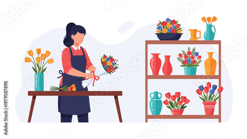 Professional florist carefully arranges a colorful bouquet of flowers at a wooden work table in a shop with many vases on shelves.