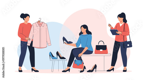 Women are seen trying on shoes and looking at fashion items like blouses and handbags in a bright and modern retail clothing store.