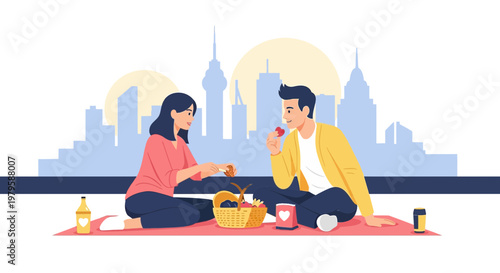 Couple enjoying picnic with city skyline background, romantic date, flat illustration