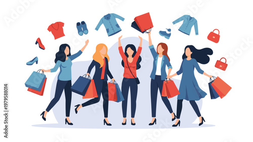 Group of happy women celebrates their shopping haul with many bags as colorful clothes and accessories float around them in the air.