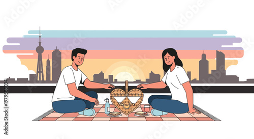 Couple enjoying picnic with city skyline at sunset, romantic illustration