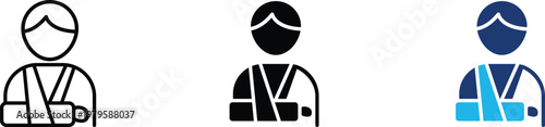 Patient injury icon showing professional medical disability and physical arm fracture. Professional illustration for healthcare insurance claims, and clinical rehabilitation services.