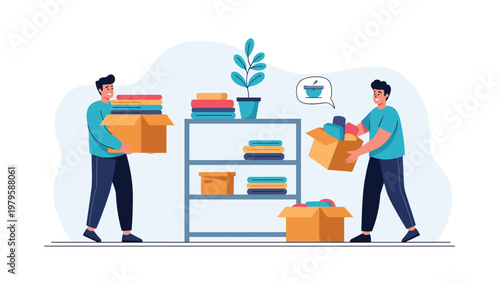 Two young men are working together to organize and pack various colorful clothes into cardboard boxes in a tidy room.