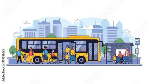 Diverse group of city residents including children and wheelchair users boarding a modern yellow bus at a public transit stop.