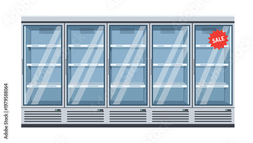 Row of empty commercial glass door refrigerators in a retail store with a bright red sale sticker on the front panel.