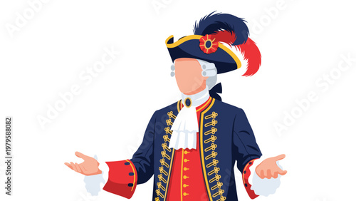 Portrait of historical nobleman dressed in ornate blue and red period costume with feathered bicorne hat and lace jabot.