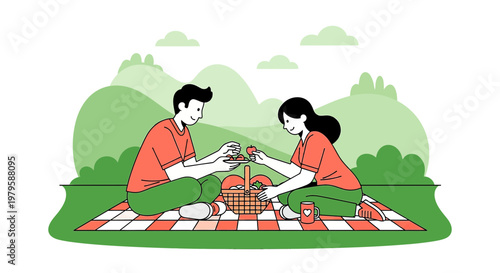 Couple Enjoying Picnic with Guitar and Wine in Green Landscape
