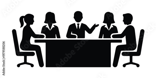 Business meeting silhouette vector, professional team sitting at conference table, corporate group discussion and collaboration icon