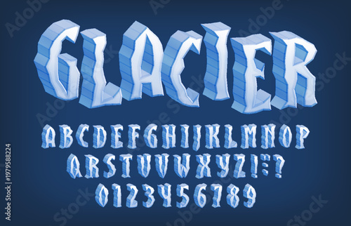 Glacier alphabet font. Solid 3D ice letters and numbers. Vector typeface for standout typography.