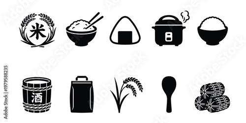 Japanese rice icons set, black silhouette food symbols, 10 vector elements including onigiri, rice cooker, sake barrel, and grain stalks