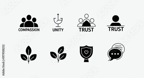 Abstract Icons Representing Core Values: Trust, Unity, Compassion, Growth