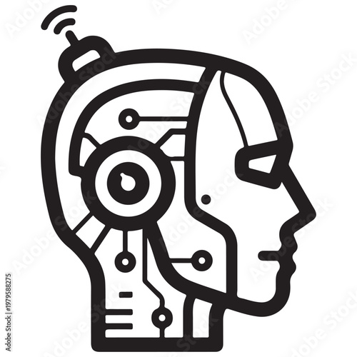 Robot head profile with internal circuitry and antenna vector icon for advanced technology and automation concepts