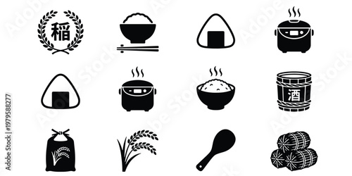 Japanese rice icons set, black minimalist food symbols including onigiri and rice cooker, traditional grain agriculture vector elements for menu design