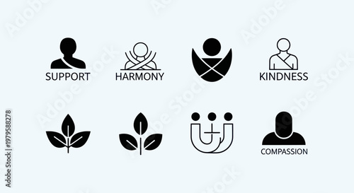 Abstract Icons Representing Support, Harmony, Kindness, Compassion, and Nature