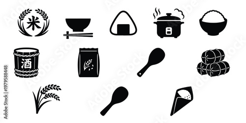 Japanese rice culture icon set, black silhouette vector elements of onigiri and sake, traditional food and agriculture symbols for restaurant menus