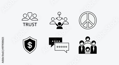 Business and Social Icons: Trust, Peace, Finance, Communication, Teamwork