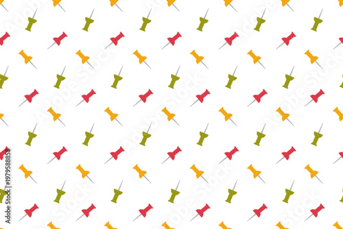 Seamless pattern with colorful push pins. Office stationery repeat background for school or office. Perfect for wrapping paper, textile, packaging, decor, print, notebooks and creative design.