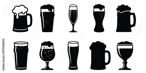 Black beer glass icons set, 10 vector silhouettes of beer mugs and pint glasses with foam, brewery and pub menu graphic elements