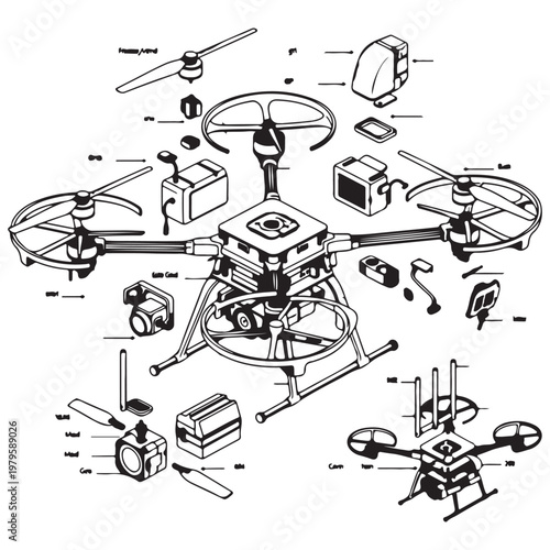 Exploded view technical illustration of a drone quadcopter showing internal components and assembly parts for engineering