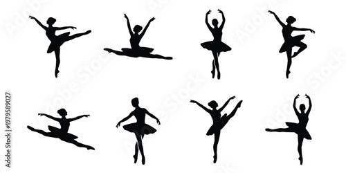 Graceful ballet dancer silhouettes set, 8 black ballerina vector icons in elegant dance poses, classical ballet performance figures on white background