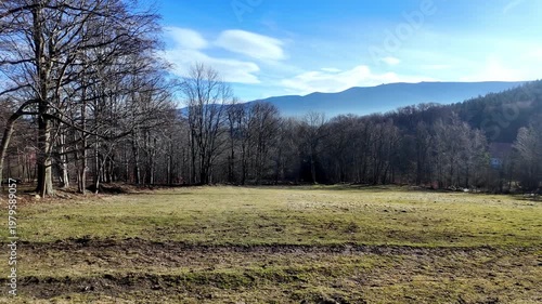 Weathered wooden fence post with a half-round top stands firmly in a sunlit rural field, offering a sense of boundary and natural beauty against distant mountains
