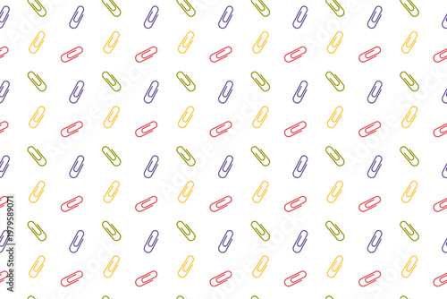 Seamless pattern with paper clips. Office stationery repeat composition with simple flat style for school, office. Perfect for wrapping paper, textile, packaging, decor, print, notebooks, design.
