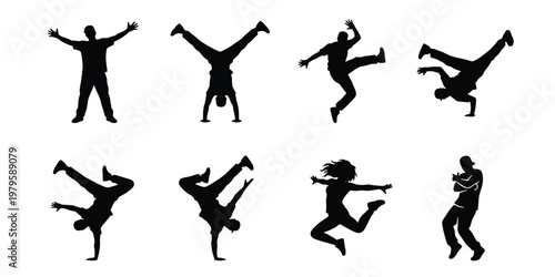 Breakdance silhouettes set of 8 dancers, hip hop street dance vector elements, active people performing acrobatic moves and urban dancing poses