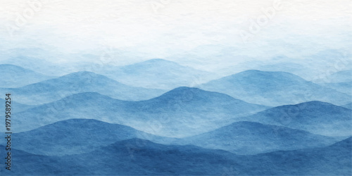 Blue abstract water background with misty mountains and scenic clouds over a sunrise landscape valley forest