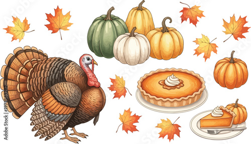 Festive autumn harvest turkey pumpkins pie and colorful leaves isolated on transparent background