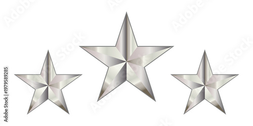 Three silver metallic dimensional 3 stars for customer review. rating  Silver Stars on White Background.