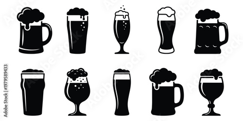 Minimalist beer glass icons set, black silhouette craft beer mugs and pint glasses with foam, 10 vector brewery elements for bar menus and pub branding