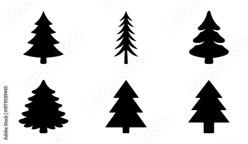 Pine tree silhouette set, 6 evergreen conifer icons, black forest fir vector elements