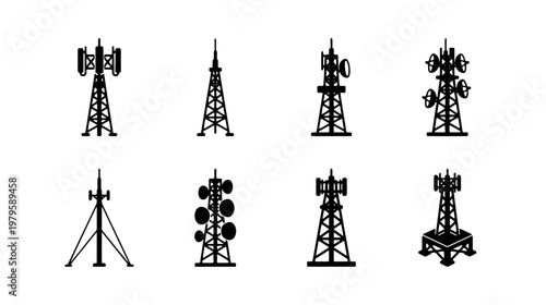 Telecommunication tower icons, 8 radio antenna silhouettes, cellular network mast vectors